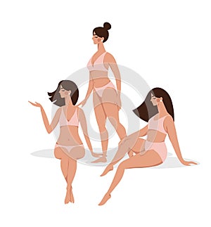 Group of beautiful girls models in lingerie, menstruation and health care, beauty spa salon, flat vector illustration