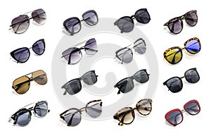 Group of beautiful sunglasses isolated on white background.