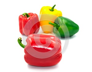 Group of beauty shape capcicum decoration food. selective focus big fresh red. Yellow green sweet peeper or bell pepper vegetable.