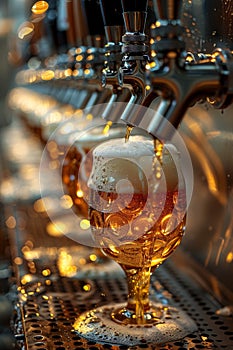 A group of beer being poured into a glass from several taps, AI