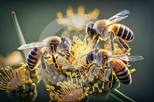 Group of bees on a flower. Honeybees harvesting pollen from blooming flowers, Generative AI