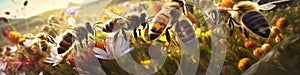 A group of bees flying over a field of flowers. Generative AI image.