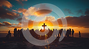 Group of believers gathered near a wooden cross at dawn. Faith and religion concept. Easter background.