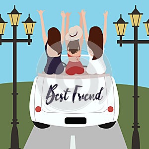 Group of best friends cheering on car road trip. Happy people outdoor on vacation tour adventure. Friendship concept.