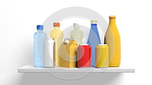 Group of beverages packages on a shelf. 3d illustration