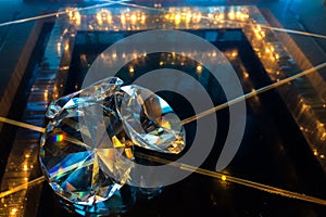 Group of Big Diamonds Shining on Reflection Black Glass Table at The Corner used as Template