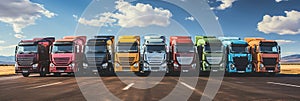 A group of big trucks parked in a parking lot. Frontal panoramic view