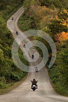 Group of a bikers on the highway between beautiful green tree forest, motorcyclists traveling along mountains road, freedom and