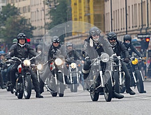 Group of bikers on old fashioned motorcycles