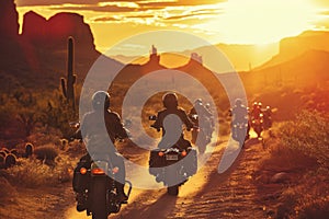 group of bikers riding through a desert landscape at night. The riders are wearing helmets and leather jackets, and