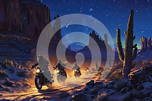 Group of bikers riding through a desert landscape at sunset. The riders are wearing helmets and leather jackets, and