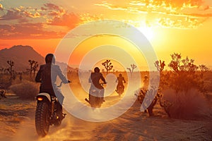 Group of bikers riding through a desert landscape at sunset. The riders are wearing helmets and leather jackets, and