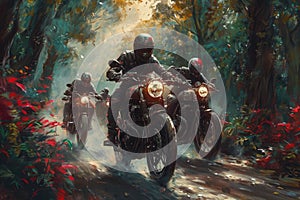 group of bikers riding through a forest. The riders are wearing helmets and leather jackets, and there are trees and