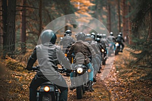 group of bikers riding through a forest. The riders are wearing helmets and leather jackets, and there are trees and