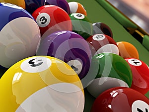 Group of billiard balls with numbers, on green pool table.