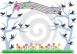 Group of Bird Singing on Tree Image Vector