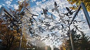 Group of Birds Flying Over Park