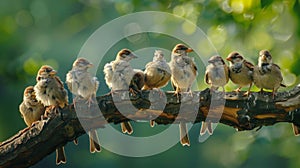A group of birds perched on a dead tree branch their feathers matted and dull. The loss of their natural habitat due to