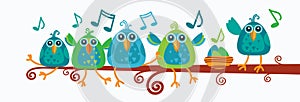 Group Of Birds Sitting On Branch With Music Notes