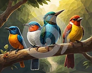 A group of birds sitting on top of a tree branch. Beautiful picture of cute birds.