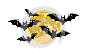 Flock of bats flying in front of a full moon halloween