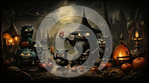 A group of black cats with pumpkins and a person hat