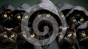A group of black cats with yellow eyes. Generative AI image.