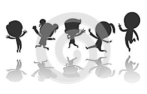 Group of black children silhouette jumping, Child silhouettes dancing, Kids silhouettes jumping on white background Vector