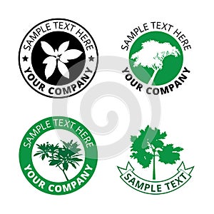 Group of black green tree logo circle border, set of silhouette forest icon sphere print, ecology green plant sign in cycle label.