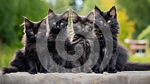 Group of black maine coon kittens posing together outdoors