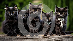 Group of black maine coon kittens posing together outdoors