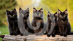 Group of black maine coon kittens posing together outdoors