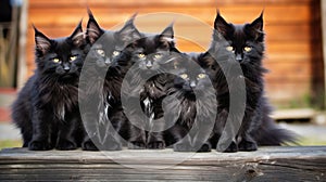 Group of black maine coon kittens posing together outdoors