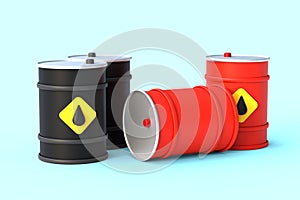 Group of black and red metal barrels for crude oil storage, 3d render