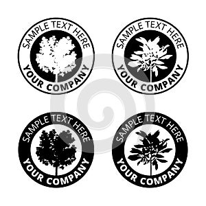 Group of black tree logo circle border, set of silhouette forest icon sphere print, ecology plant sign in cycle label