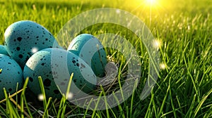 A group of blue eggs are sitting on a grassy field