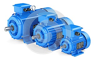 Group of blue electric industrial motors. photo