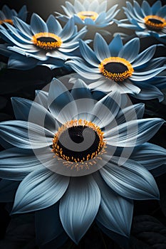 A group of blue flowers with yellow centers and black background, AI photo
