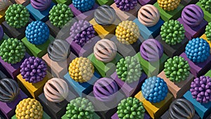 Group of blue, green, yellow, purple, gray, beige abstract spheres. Colorful illustration, 3d render