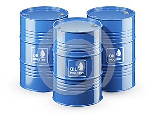 Group of blue metal barrels isolated on white background 3d