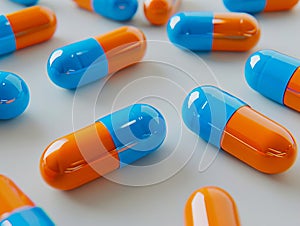A group of blue and orange pills scattered on a white surface