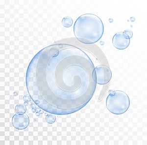 Group of blue realistic shiny flying soap bubbles isolated on transparent background