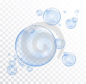 Group of blue realistic shiny flying soap bubbles on tr