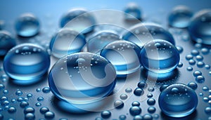 a group of blue water bubbles on a blue surface with water droplets