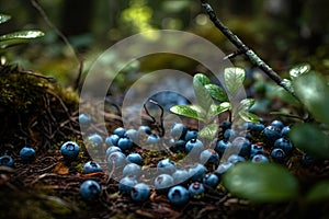 Group of blueberries on mossy forest floor