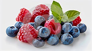 A group of blueberries and raspberries on a white background