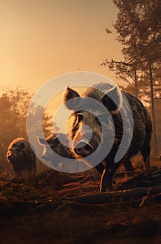 Boars running in the forest river with setting sun.