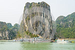 Group of boat cruise service in Halong Bay the UNESCO world heritage site in Vietnam.