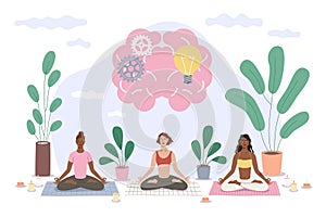 Group body training for peaceful, creative thinking, harmonious life. Happy group of women meditate in lotus position, relax