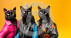 Group of Bombay cat kitty kitten in funky Wacky wild mismatch colourful outfits on bright background advertisement